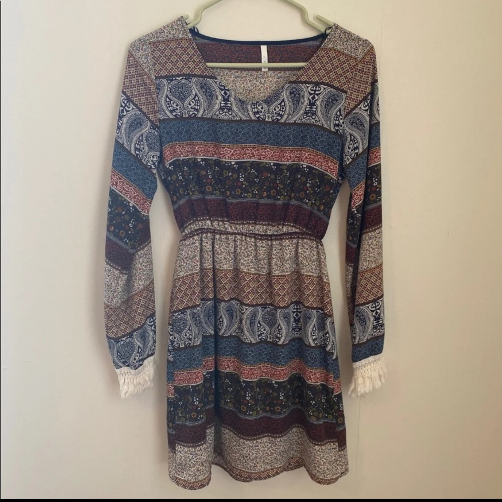 Sage fringe sleeve dress